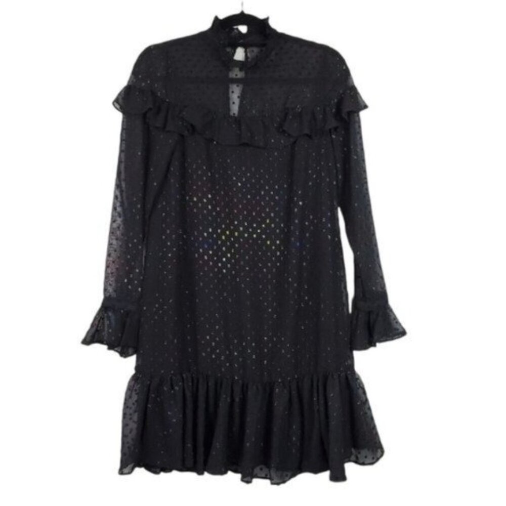 Betsey Johnson Womens Long Sleeve Black Shimmer Ruffle Shift Mini Dress Size 0 - Picture 7 of 9